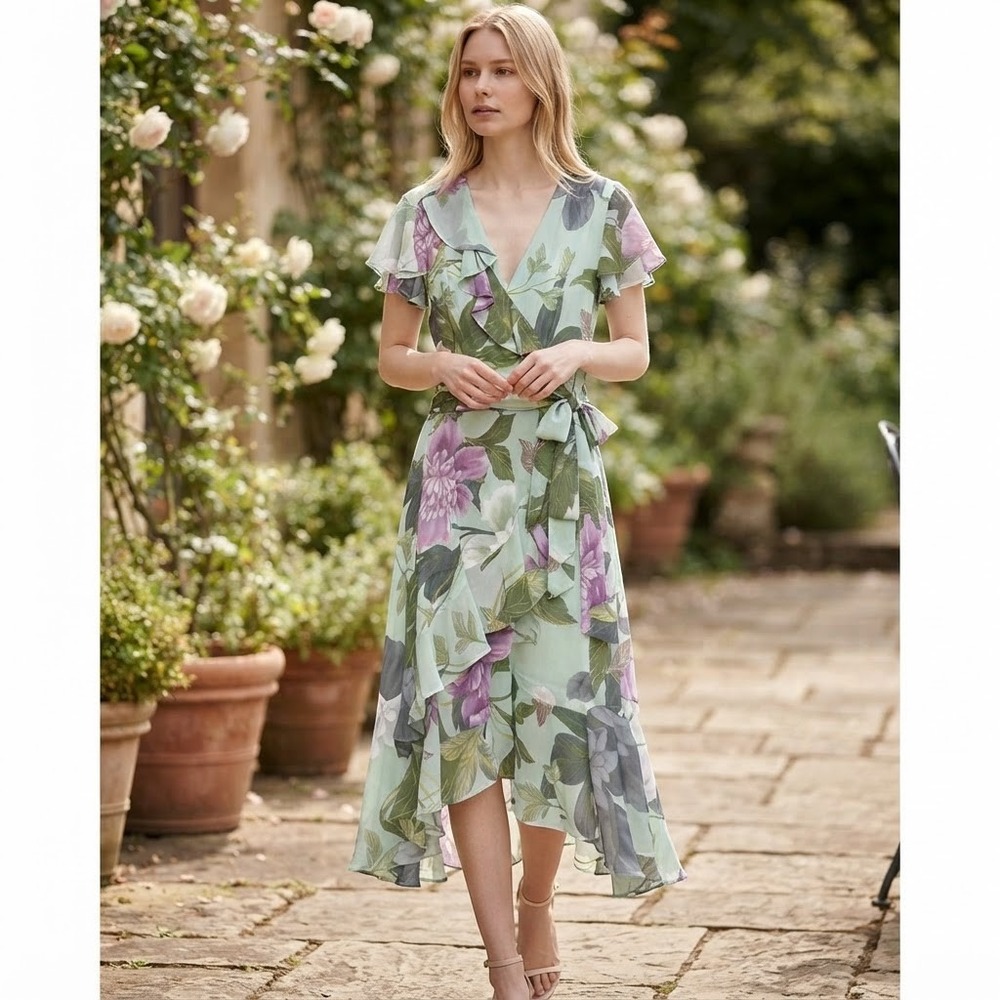 Danny and Nicole Mint Magenta Floral Ruffle Faux Wrap Midi Dress 58734MZ New